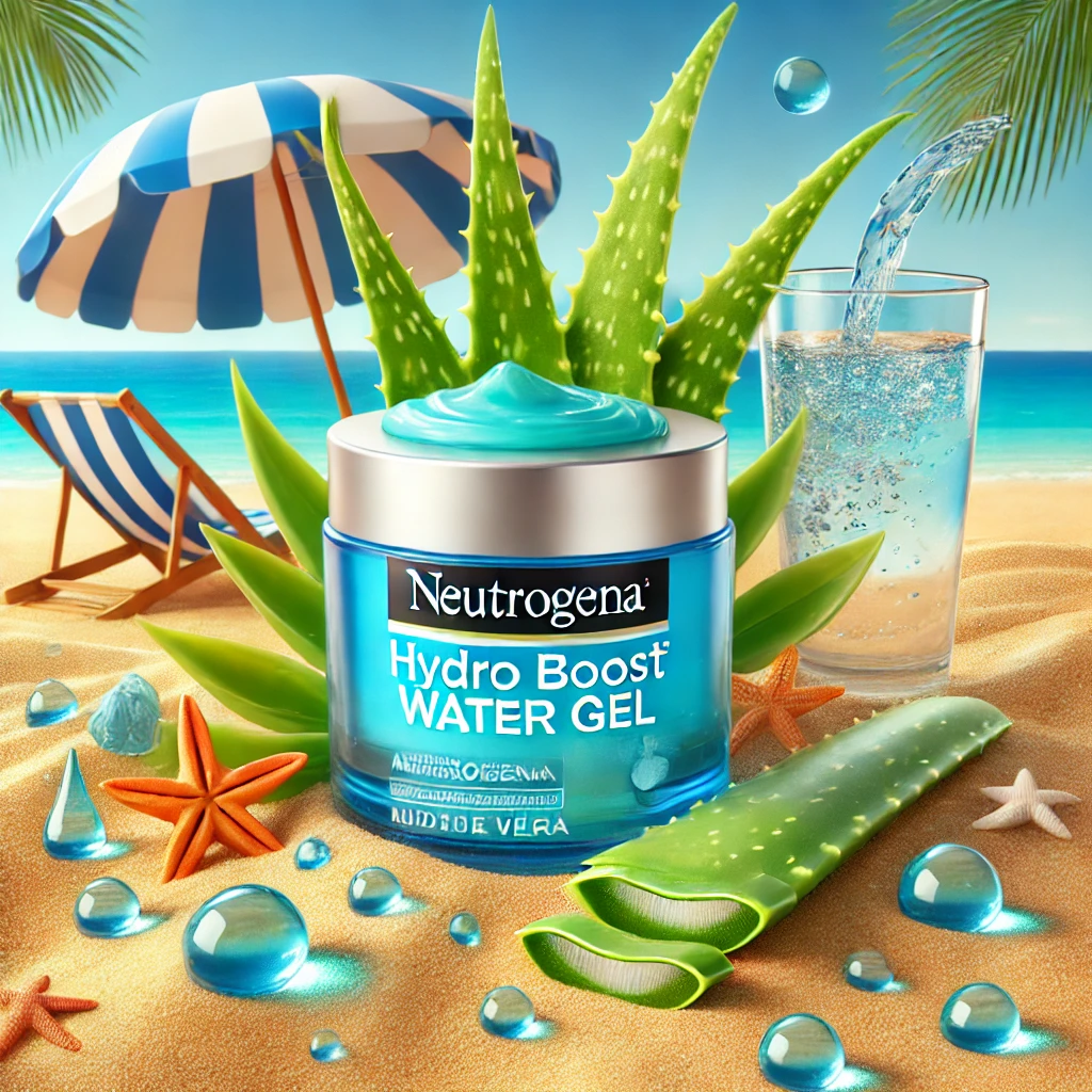 A jar of Neutrogena Hydro Boost Gel-Cream is displayed on smooth golden sand, surrounded by water droplets, fresh aloe vera leaves, and a clear glass of water. In the background, a bright blue ocean, a clear sky, and a striped beach umbrella create a vibrant and refreshing beach setting, emphasizing the gel-cream's hydrating and moisturizing properties.