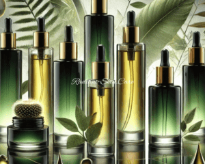 Seven sleek bottles of anti-pollution oils are arranged on a reflective surface, surrounded by fresh botanical leaves, a small cactus, and golden oil droplets. The background features a subtle cityscape silhouette with a gradient from smoky gray to vibrant green, symbolizing protection and vitality for city skin.
