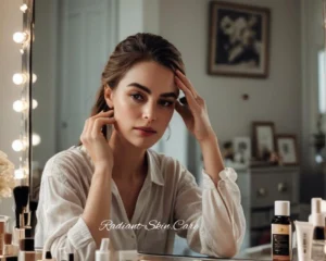 a woman sitting at her mirror applying a cleanser.