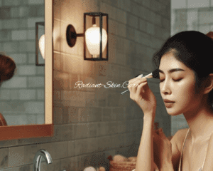 Elegant bottle of Leven Rose Jojoba Oil placed on a white marble surface surrounded by natural elements like jojoba seeds, a small dish of oil, and a soft makeup brush, with warm, soft lighting creating a luxurious and inviting atmosphere.