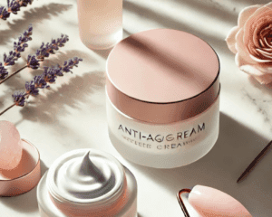 Anti-aging cream jars with a facial roller and lavender flowers.