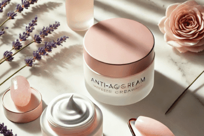 Anti-aging cream jars with a facial roller and lavender flowers.