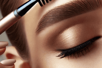 Close-up of a hand grooming eyebrows with a dual-end brow brush.