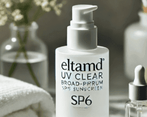 EltaMD UV Clear sunscreen bottle on a marble vanity with soft lighting and skincare essentials