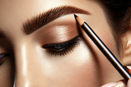 Model perfecting her brows with a fine-tipped eyebrow pencil.