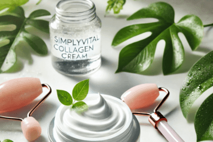 SimplyVital Collagen Cream with facial roller and water droplets.