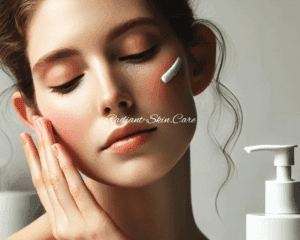 Woman with sensitive skin checking her complexion with rosacea-friendly products on a counter.