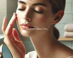 The person is shown in a serene bathroom setting with a subtle focus on their T-zone.