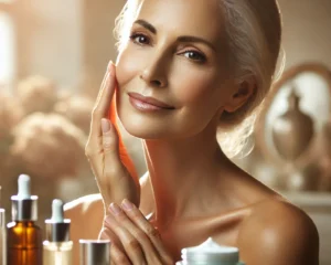 A serene and elegant older woman with radiant, healthy skin, gently applying moisturizer to her face. The background is soft and warm, with natural lighting that highlights her glowing complexion.