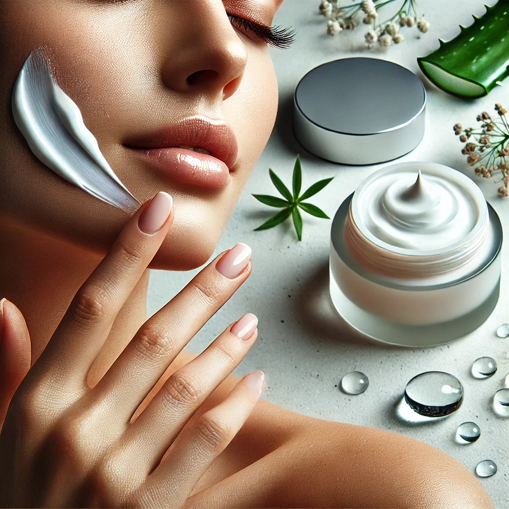 A close-up of a lightweight moisturizer being applied to the skin. The texture of the cream is airy and hydrating, blending effortlessly.