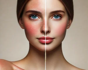 A side-by-side before-and-after comparison of a woman’s face, showcasing the transformation of her skin after rosacea treatment. On the left, her skin appears red and irritated with visible rosacea flare-ups.