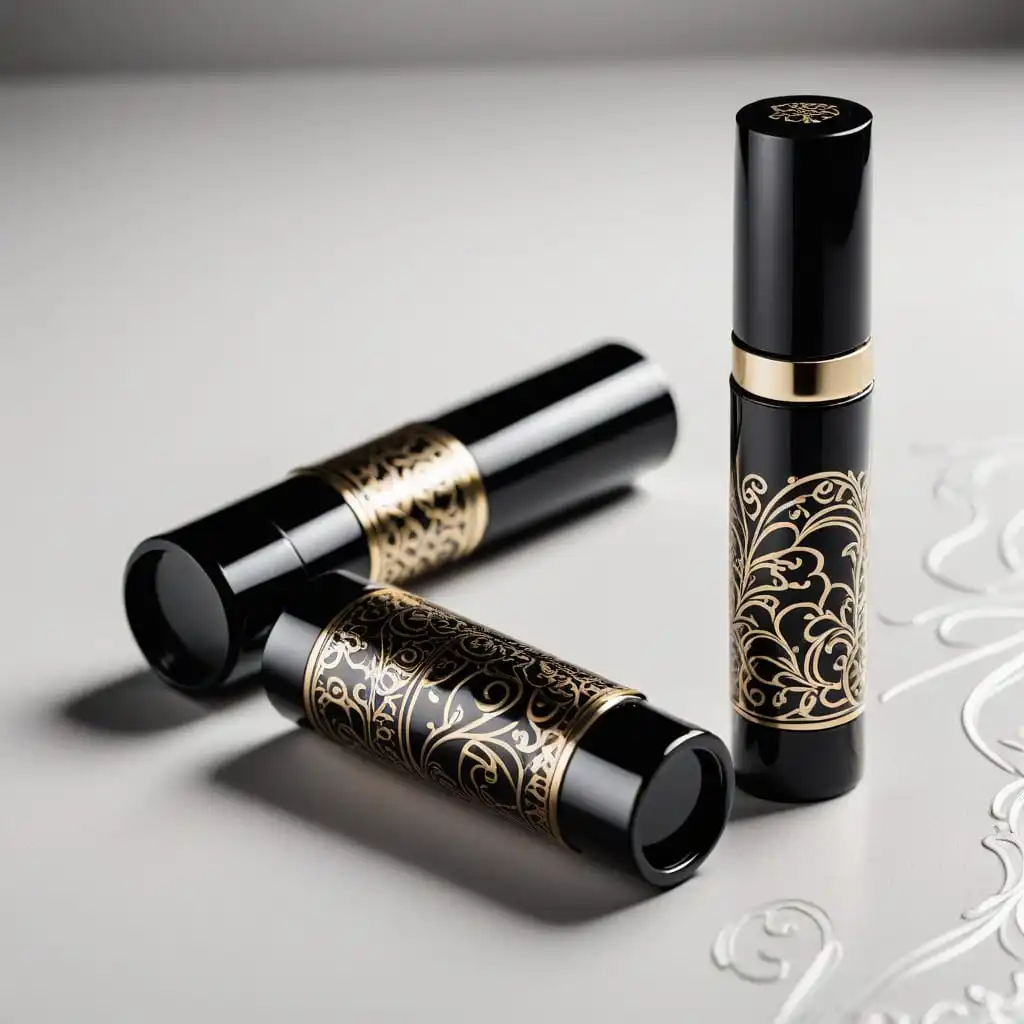 beautifully embossed in black with gold trimmings mascara container