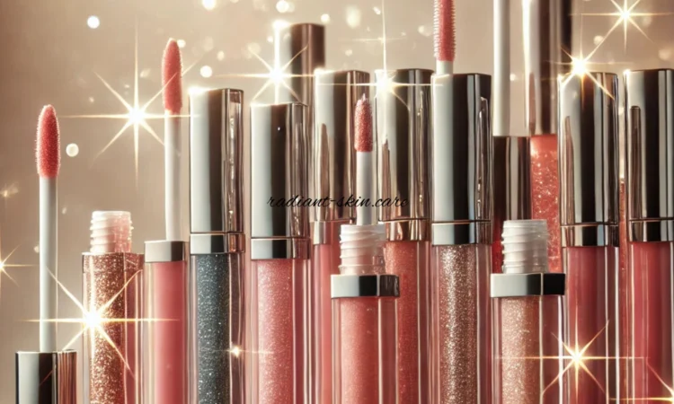 A collection of elegant lip glosses in various shades, displayed with a glossy, high-shine finish. Some tubes are open, revealing applicators coated in shimmering gloss.
