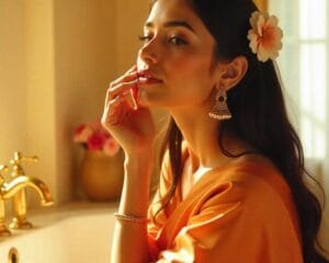 A woman sitting in her bathroom using anti-aging products