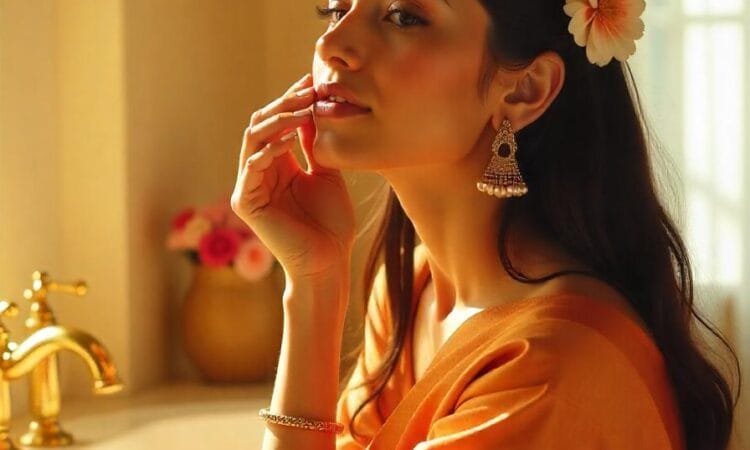 A woman sitting in her bathroom using anti-aging products