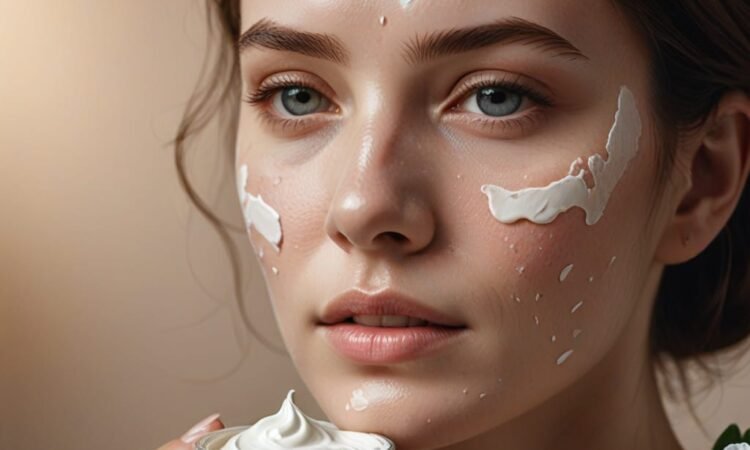 a woman's face with eczema, applying rich moisturizing cream, to soothe and calm irritated skin.