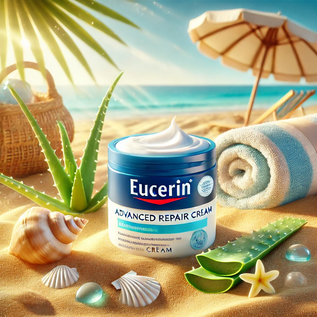 Eucerin Advanced Repair Cream bottle with a close-up of smooth, hydrated skin, showcasing its fast-absorbing formula with urea and ceramides for intense dry skin relief